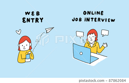 Illustration of a woman doing online job hunting Web entry and web interview 87862084