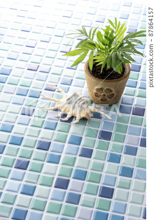 Blue tiles, foliage plants and seashells 87864157