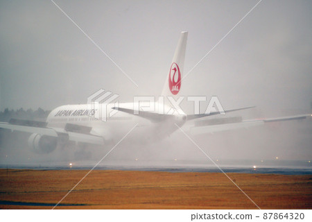 Plane landing on a rainy day Plane landing on a rainy day 87864320