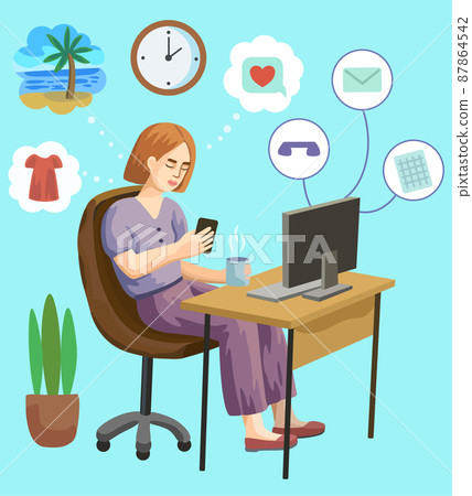 Young beautiful woman in office dreaming and procrastinating instead of working. Vector cartoon illustration.  87864542