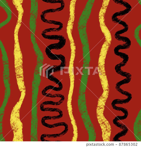 Hand drawn seamless pattern with african geometric ornament design print, Juneteenth freedom 1865 fabric, yellow green red black abstract shapes kente cloth, ethnic background. 87865302