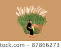 Woman in black clothes sitting by the table with beautiful pampas grass on background. Vector illustration 87866273