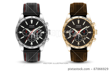 Realistic watch clock chronograph silver gold leather strap black brown collection on white design classic luxury vector 87866929
