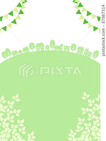 標誌和新鮮的綠色城市景觀剪影背景垂直凸 87867314