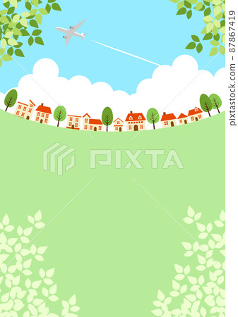 新鮮的綠色、飛機和積雨雲都市風景背景垂直凹面 87867419