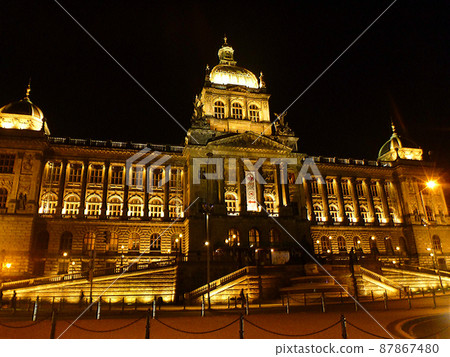 Night illumination of the National Museum at Wenceslas Square in Prague, Czech Republic Night illumination of the National Museum at Wenceslas Square in Prague, Czech Republic 87867480