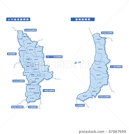 上川綜合振興局/留萌振興局地圖簡易淺藍色市町村 87867699