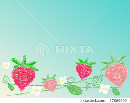 草莓和春天藍天背景插圖，蠟筆質地 87869603