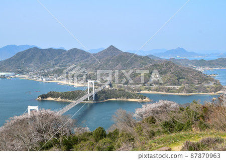 [Shimanami Kaido] Kareiyama Observatory Park, a spectacular view from the Kareiyama summit observatory, cherry blossoms in full bloom, and Hakukata-Oshima Ohashi 87870963