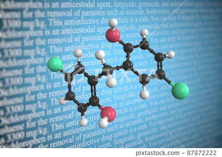Molecular model of dichlorophen, 3D rendering Molecular model of dichlorophen, 3D rendering 87872222