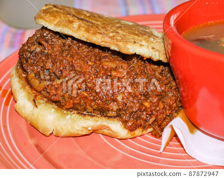 Buffalo Sloppy Joe at a restaurant in Wyoming, USA Buffalo Sloppy Joe at a restaurant in Wyoming, USA 87872947