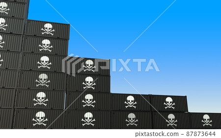 Jolly Roger pirate flag on containers forming declining trend of graph. Counterfeit crisis elated conceptual 3D rendering 87873644