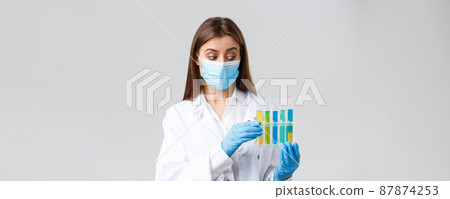 Covid-19, preventing virus, healthcare workers and quarantine concept. Excited professional doctor in clinic lab, develop coronavirus vaccine, holding test-tubes with liquid 87874253