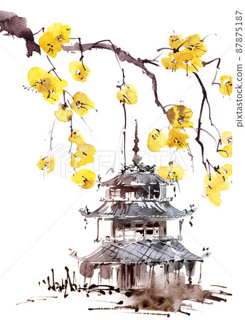Watercolor pagoda and blossom tree 87875187