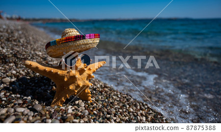 Starfish in sombrero and sunglasses on a pebble beach by the sea. Starfish in sombrero and sunglasses on a pebble beach by the sea. 87875388