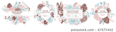 Easter hand drawn frame templates. Vintage illustrations of rabbit, eggs, willow branches, etc. 87875402