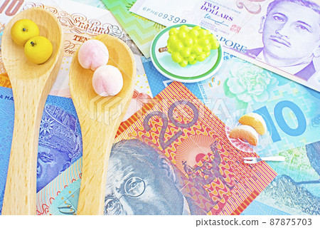 Miniatures of pears and peaches placed on banknotes and teaspoon from around the world and grapes and cut peaches on a plate Miniatures of pears and peaches placed on banknotes and teaspoon from around the world and grapes and cut peaches on a plate 87875703