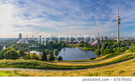 Munich Germany, panorama city skyline at Olympiapark garden 87876002