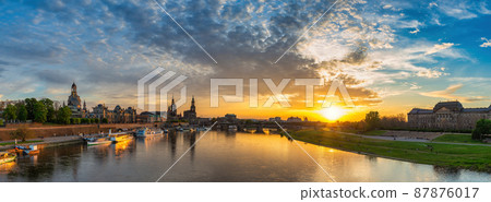 Dresden Germany, panorama sunset city skyline at Elbe River and Augustus Bridge 87876017
