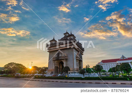 Vientiane Laos, sunset city skyline at Patuxai (Patuxay) the most famous landmark in Vientiane 87876024