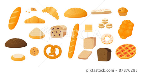 Bread icons. Cartoon wheat bakery products, baguette bagel croissant loaf. Vector pastry collection isolated variety bread 87876283
