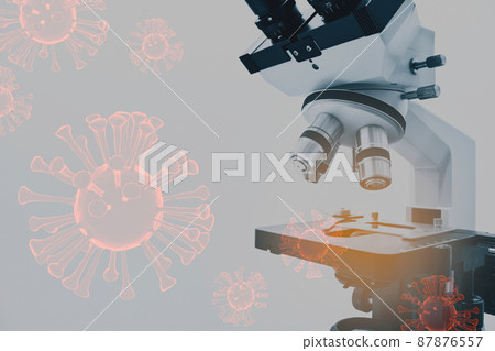 Microscope and orange tone color 3D model of virus 87876557