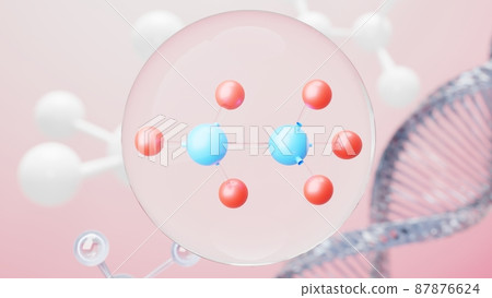 3d render of simple chemical bond in side cell or molecules. The associated of atoms, ions, bond and molecules. Liquid drop bubble background. Covalent bond. Biochemical interaction. 3d render of simple chemical bond in side cell or molecules. The associated of atoms, ions, bond and molecules. Liquid drop bubble background. Covalent bond. Biochemical interaction. 87876624