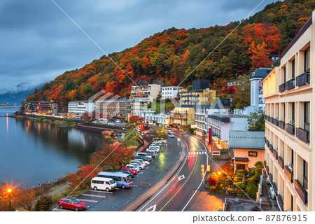 Lake Kawaguchi, Yamanashi, Japan with resorts along the Lakeside Lake Kawaguchi, Yamanashi, Japan with resorts along the Lakeside 87876915
