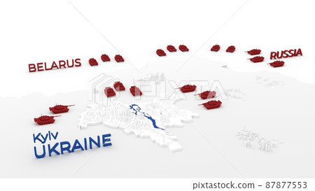 3d stylized schemitic map of Kyiv Kiev capital cyty of Ukraine surrounded with russian tanks 87877553