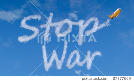 3D render of toy airplane writing Stop War in the sky. Concept of war in Ukraine, russian aggression, invasion, conflict, help and support from EU and USA. 87877669