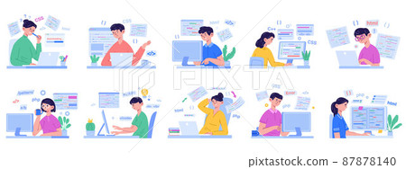 Programmers, software developers, code engineer characters. Human characters working on laptop vector illustration set. People using programming language 87878140