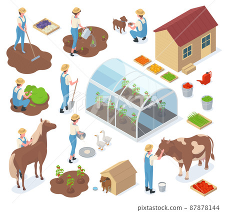 Isometric garden, farm characters, 3d greenhouse, agriculture elements. Gardeners, farm workers and farm animals vector illustration set. Farm agricultural equipment Isometric garden, farm characters, 3d greenhouse, agriculture elements. Gardeners, farm workers and farm animals vector illustration set. Farm agricultural equipment 87878144