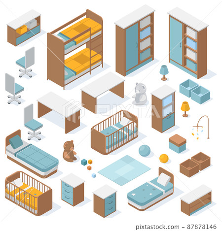 Isometric children room furniture, kids 3d furniture. Baby boy room furniture and toys vector illustration set. Modern apartment elements Isometric children room furniture, kids 3d furniture. Baby boy room furniture and toys vector illustration set. Modern apartment elements 87878146