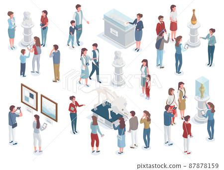 Isometric museum tour, exhibition visitors and curator characters. Guides show tourists ancient artifacts vector illustration set. Art objects and antique statue Isometric museum tour, exhibition visitors and curator characters. Guides show tourists ancient artifacts vector illustration set. Art objects and antique statue 87878159