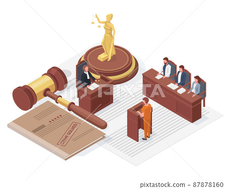Law justice isometric concept, themis and judge hammer. Judge passes sentence vector illustration. Judge hammer and case concept 87878160