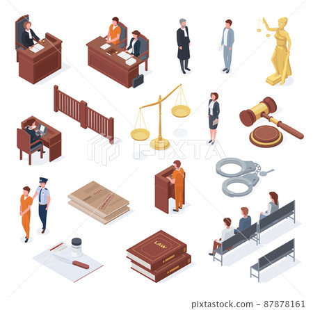 Isometric court, judge, litigation, lawyer, court and jurors. Judiciary pass and acquittal sentence vector illustration set. Justice and jury symbols Isometric court, judge, litigation, lawyer, court and jurors. Judiciary pass and acquittal sentence vector illustration set. Justice and jury symbols 87878161