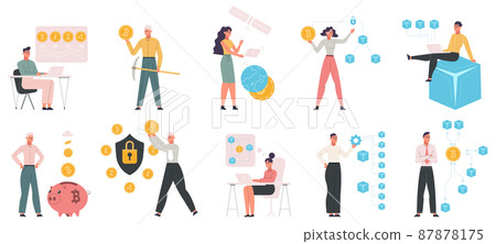 Cryptocurrency, bitcoin and blockchain data technologies. Modern digital money mining vector illustration set. Business people crypto coins mining 87878175
