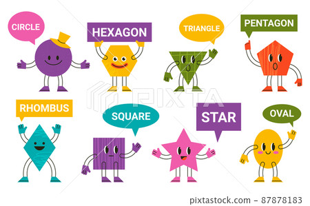 Abstract funny geometric comic characters with speech bubbles. Cartoon geometric faces, colorful shapes character vector illustration. Funny geometric figures 87878183