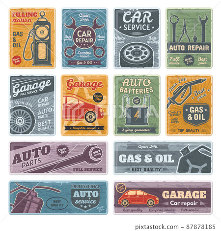 Retro car metal signs, garage, fuel, auto service posters. Gasoline station and repair service signs vector illustration set. Rusty old plates 87878185