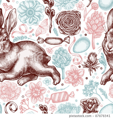 Easter seamless pattern background design. Engraved style. Hand drawn rabbit, eggs, willow branches Easter seamless pattern background design. Engraved style. Hand drawn rabbit, eggs, willow branches 87878341