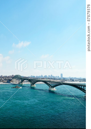 Aerial vertical of the Peace Bridge between Fort Erie, Canada and Buffalo, United States Aerial vertical of the Peace Bridge between Fort Erie, Canada and Buffalo, United States 87879376