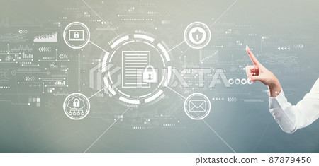 Data protection concept with hand pressing a button Data protection concept with hand pressing a button 87879450