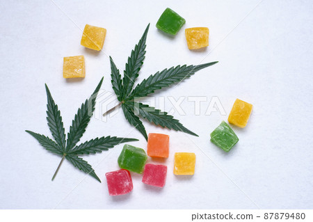 Layout of colorful marmalade and marijuana leaf on white textured background Layout of colorful marmalade and marijuana leaf on white textured background 87879480