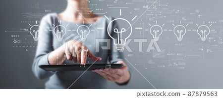 Idea light bulb theme with woman using a tablet 87879563