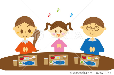 Illustrations, families, meals, lifestyles, and lifestyles of families who have a family to eat a fish set meal at home 87879967