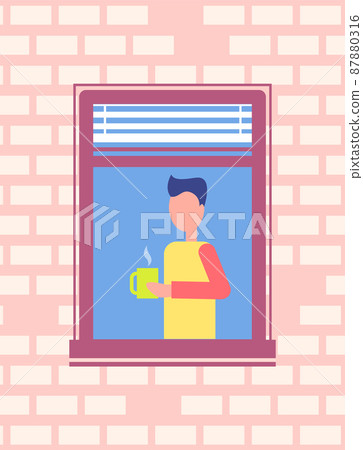Man Drinking Coffee Stands Open Window, Brick Wall 87880316
