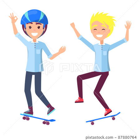 Boys on Skateboards Have Fun and Perform Tricks Boys on Skateboards Have Fun and Perform Tricks 87880764