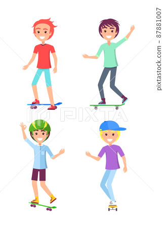 Skating Boys Set Isolated on White Background Skating Boys Set Isolated on White Background 87881007