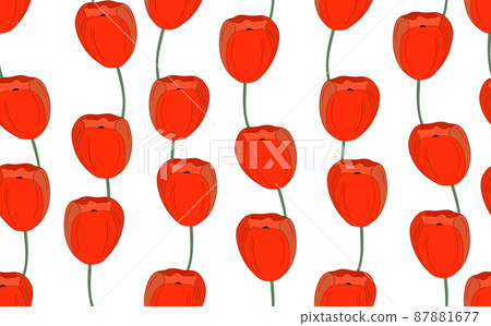 Spring colorful vector illustration with red tulips. Cartoon style. Design for fabric, textile, paper. Holiday print for Easter, Birthday, 8 march. Flowers with leaves 87881677