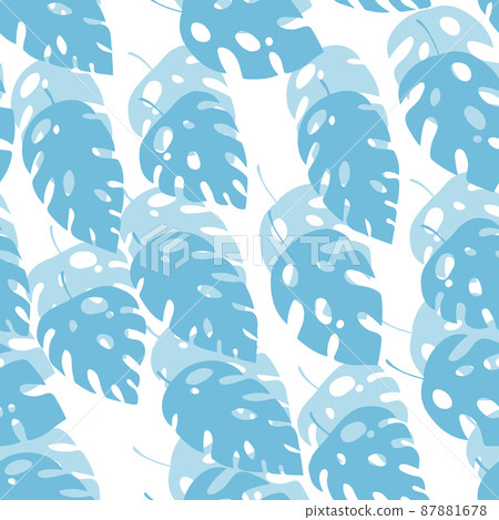 Blue and white seamless pattern with sprigs. Vector stock illustration for fabric, textile, wallpaper, posters, paper. Fashion print. Branch with monstera leaves. Doodle style 87881678